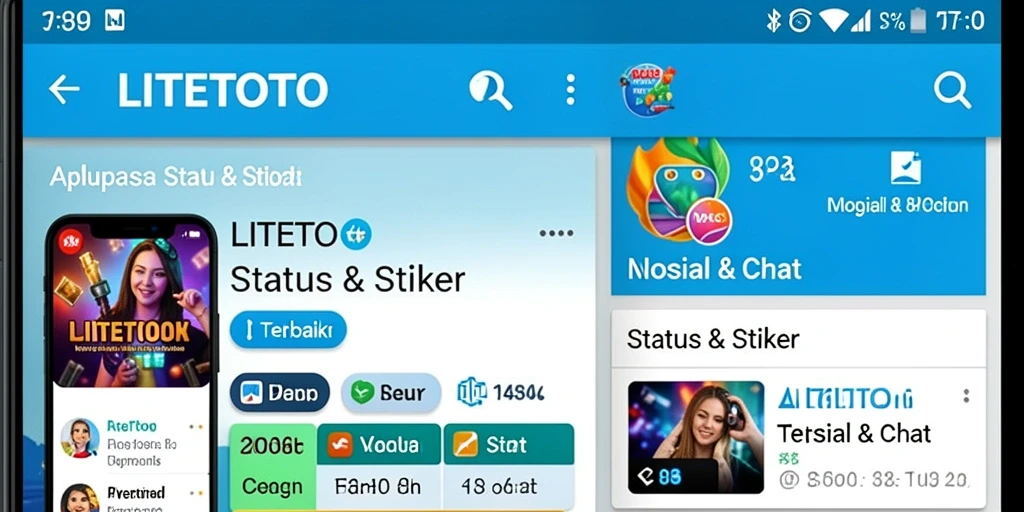Antarmuka LITETOTO menampilkan stiker dan status yang kreatif dan menarik.